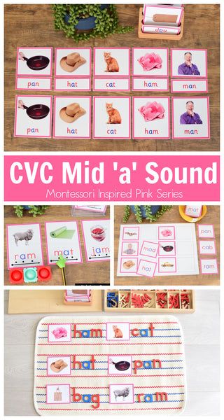 CVC Words Montessori Pink Series 3 Part Cards - Vowel A
