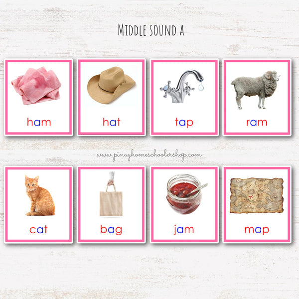 CVC Words Montessori Pink Series 3 Part Cards - Vowel A