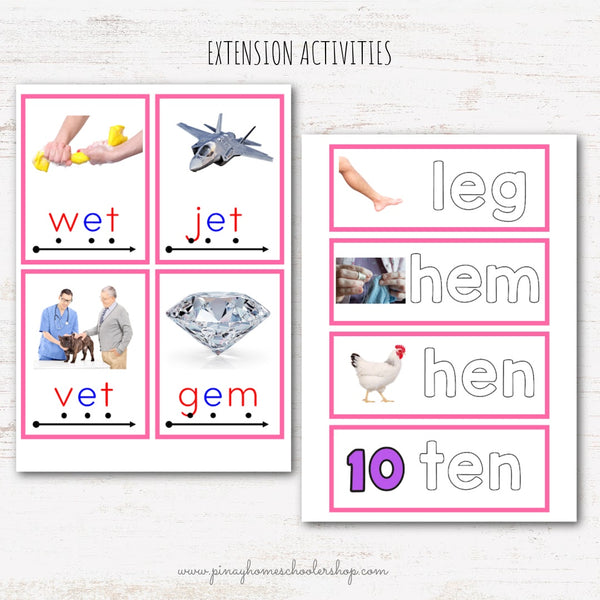 CVC Words Montessori Pink Series 3 Part Cards - Vowel E
