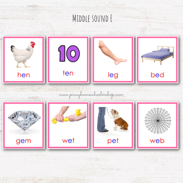 CVC Words Montessori Pink Series 3 Part Cards - Vowel E