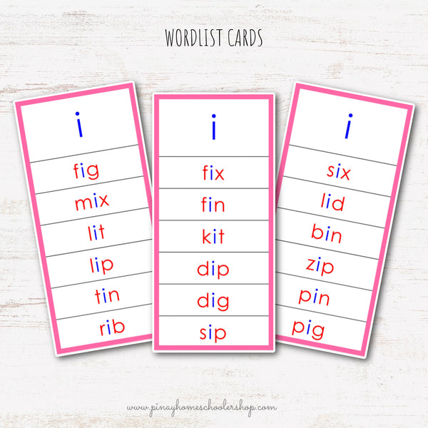 CVC Words Montessori Pink Series 3 Part Cards - Vowel I