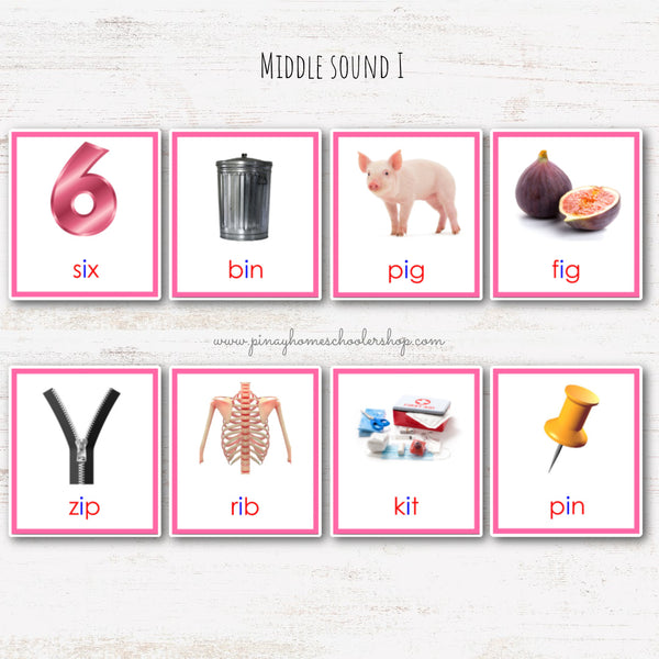 CVC Words Montessori Pink Series 3 Part Cards - Vowel I