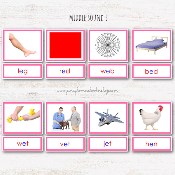 CVC Words Montessori Pink Series 3 Part Cards - Vowel E