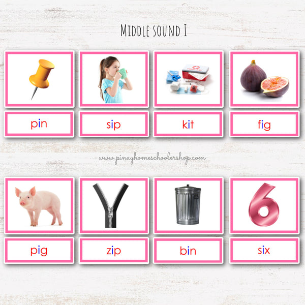 CVC Words Montessori Pink Series 3 Part Cards - Vowel I