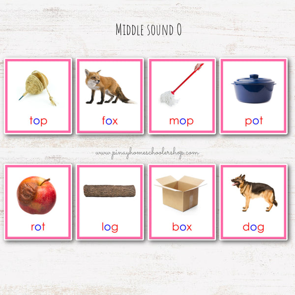 CVC Words Montessori Pink Series 3 Part Cards - Vowel O
