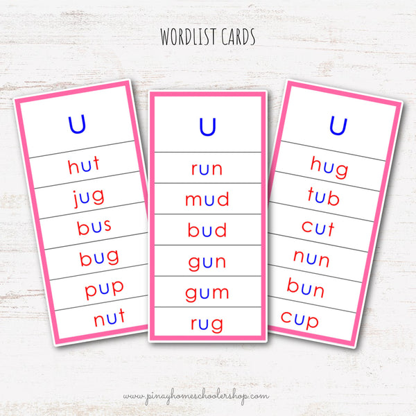 CVC Words Montessori Pink Series 3 Part Cards - Vowel U