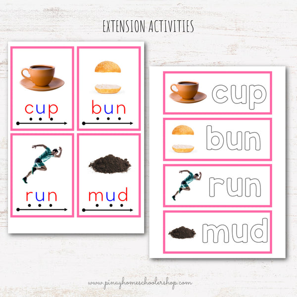 CVC Words Montessori Pink Series 3 Part Cards - Vowel U