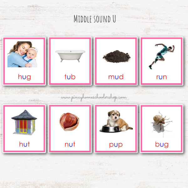 CVC Words Montessori Pink Series 3 Part Cards - Vowel U