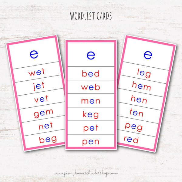 CVC Words Montessori Pink Series 3 Part Cards - Vowel E