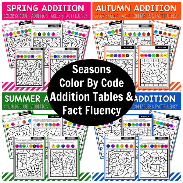 Color By Code Addition Tables and  Fact Fluency - Seasons Bundle