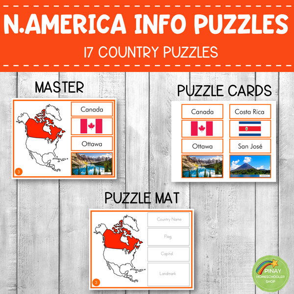 Montessori North America Country Facts Puzzles (EDITABLE)