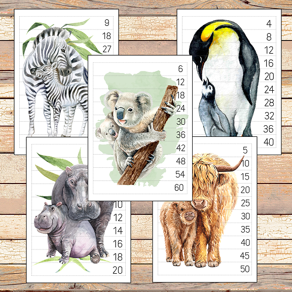 Mom and Baby Animals Number Sequencing and Skip Counting Puzzles