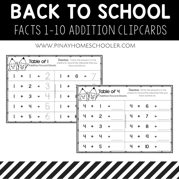 Back to School Addition Facts 1-10 Clipcards