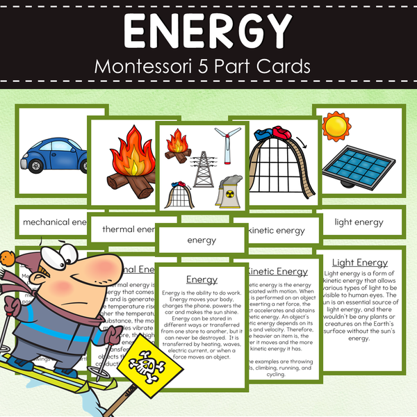 Forms of Energy Montessori Cards - Mechanical, Light, Thermal, Sound
