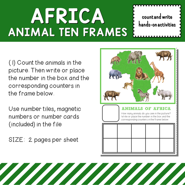 Africa Animals Ten Frames Count and Write Activities