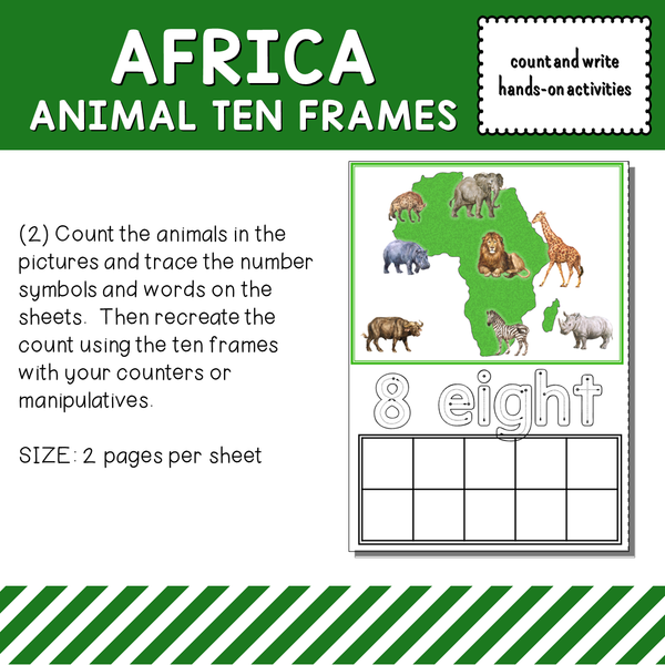 Africa Animals Ten Frames Count and Write Activities