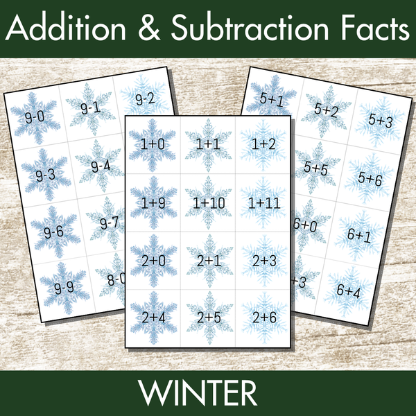 Winter Addition and Subtraction Facts Fluency 1-12 Center