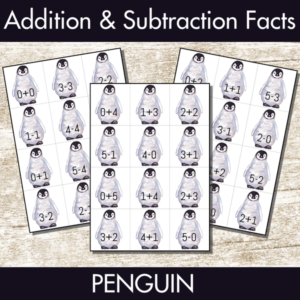 Penguin Addition and Subtraction Facts Fluency 1-12 Center
