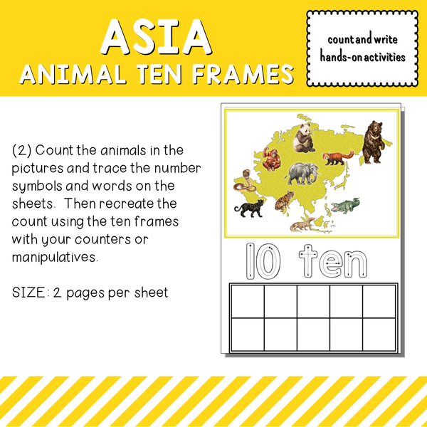 Asia Animals Ten Frames Count and Write Activities