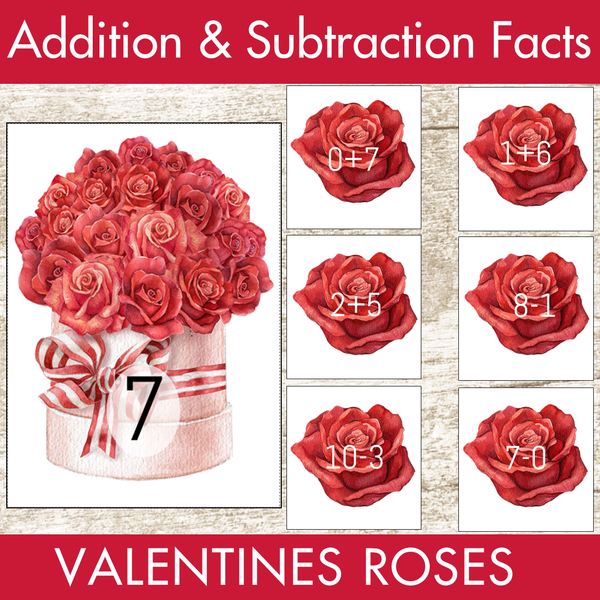 Valentine's Day Roses Addition and Subtraction Facts Fluency 1-12 Center