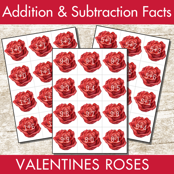 Valentine's Day Roses Addition and Subtraction Facts Fluency 1-12 Center