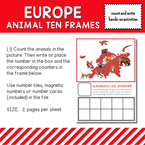 Europe Animals Ten Frames Count and Write Activities