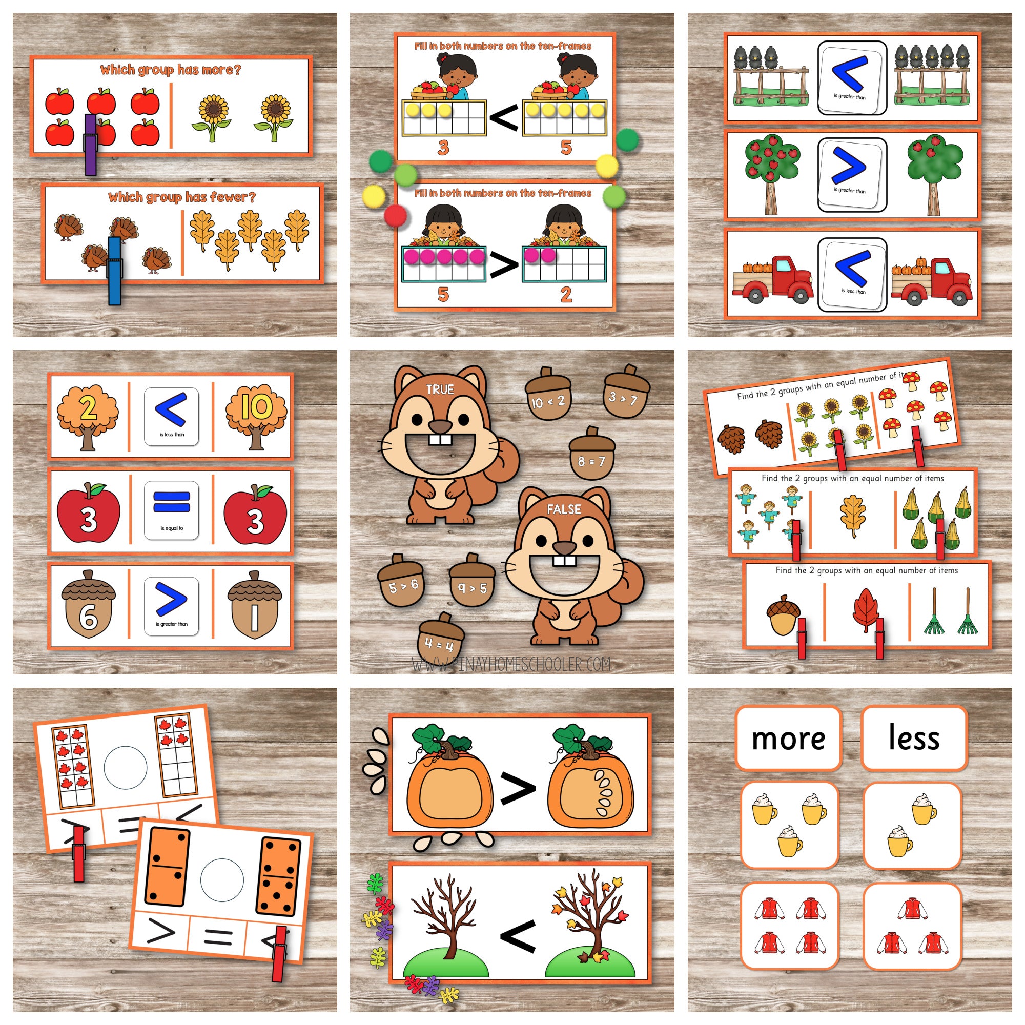 Comparing Numbers - Greater than or Less than Autumn Theme