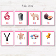 CVC Words Montessori Pink Series 3 Part Cards - Vowel I