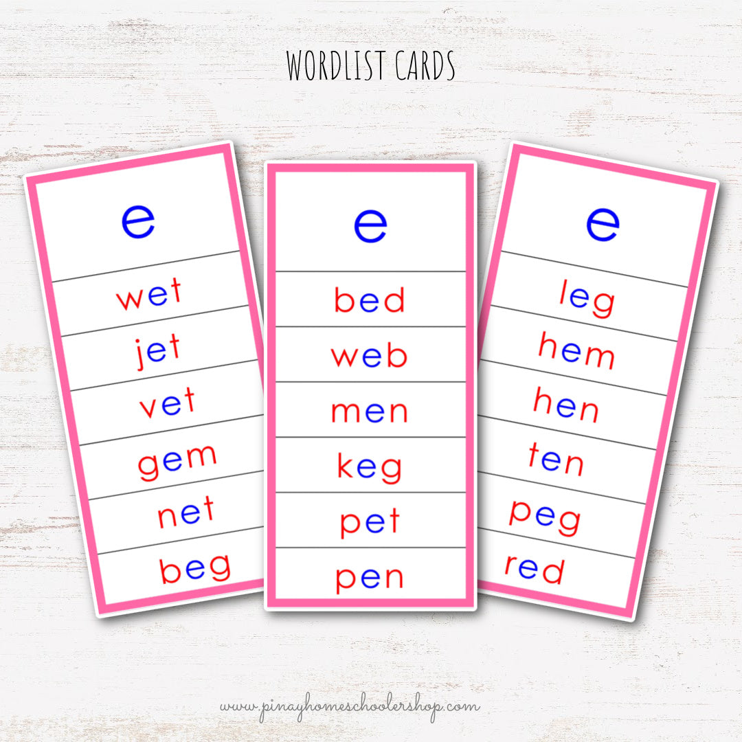 CVC Words Montessori Pink Series 3 Part Cards - Vowel E