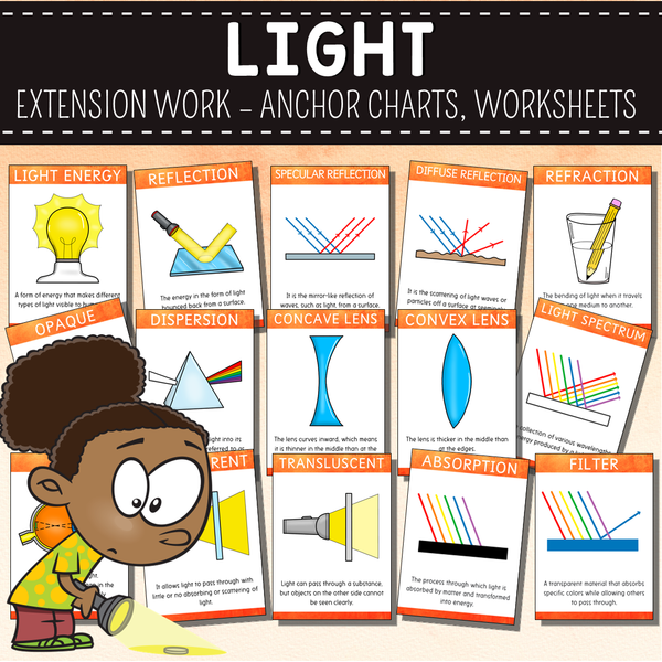 Light Extension Pack - Worksheets, Anchor Charts, Wordwall