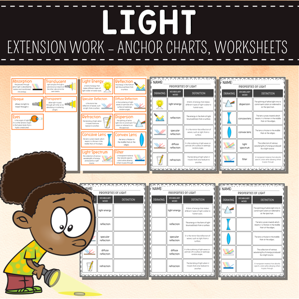 Light Extension Pack - Worksheets, Anchor Charts, Wordwall