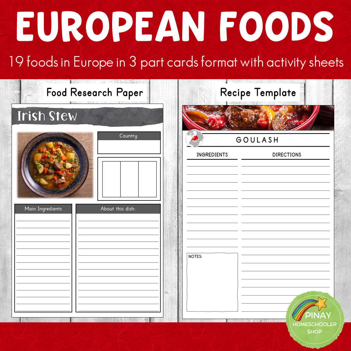 European Foods Montessori 3 Part Cards and Activity Sheets