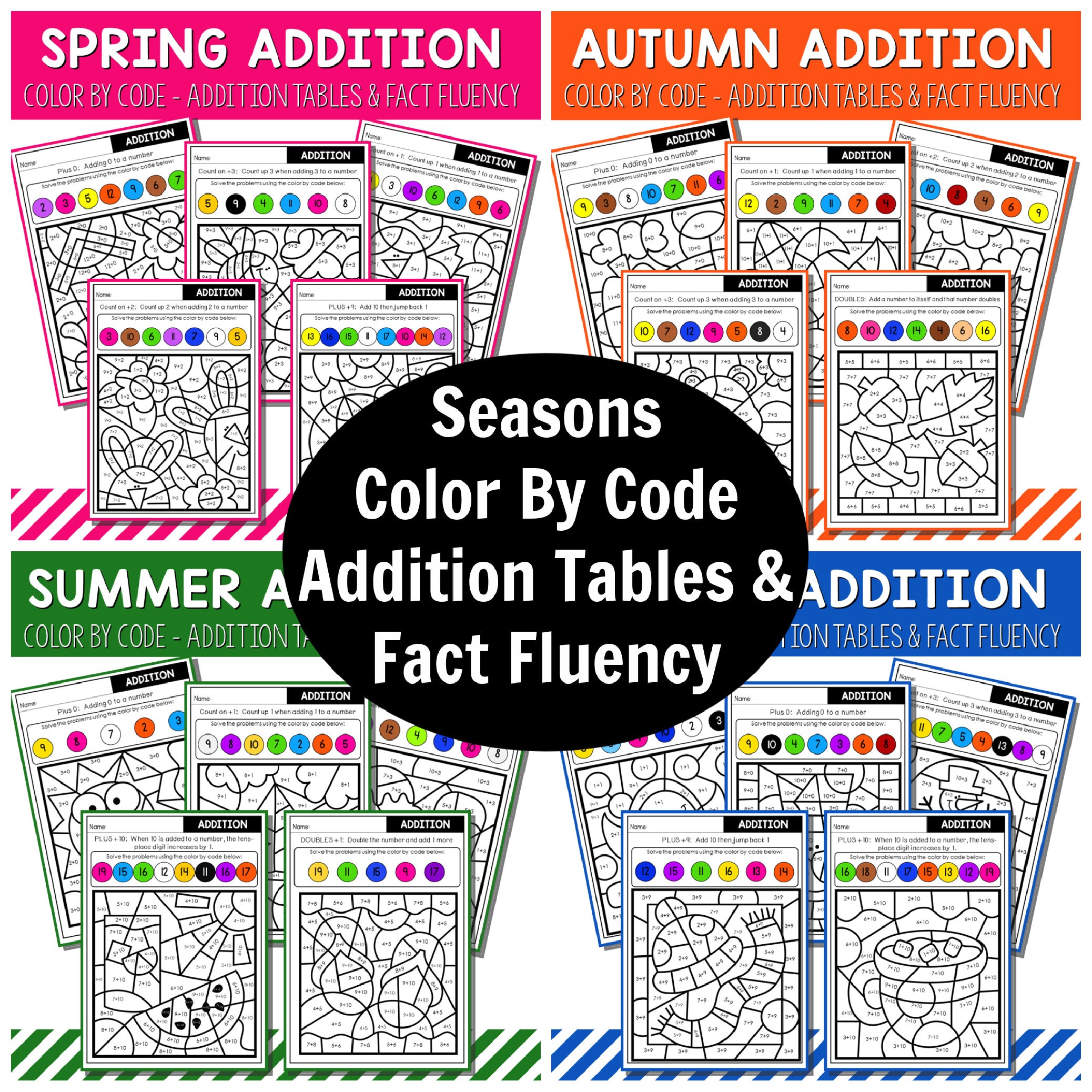 Color By Code Addition Tables and  Fact Fluency - Seasons Bundle