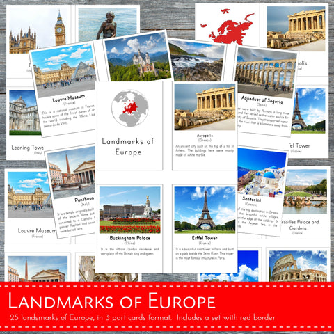 Landmarks of Europe Montessori 3 Part Cards and Fact Cards