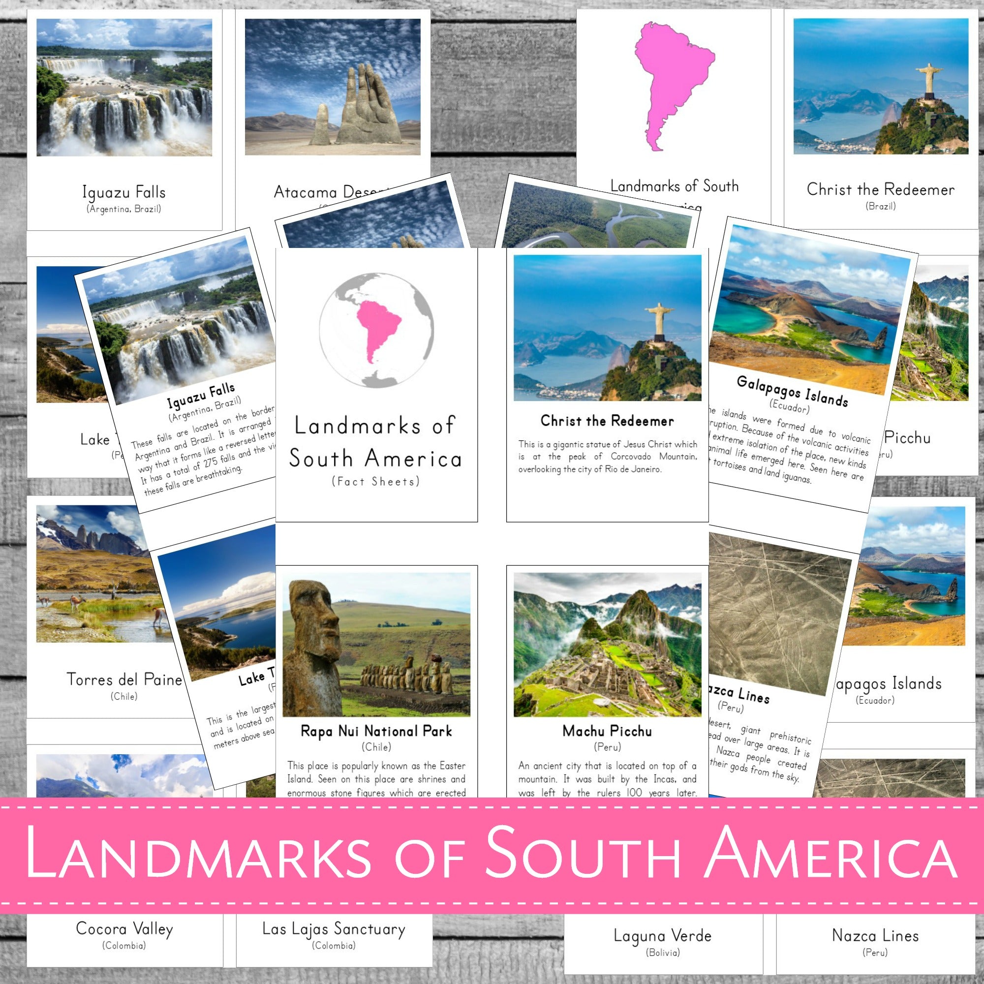 Landmarks of South America Montessori 3 Part Cards and Fact Cards