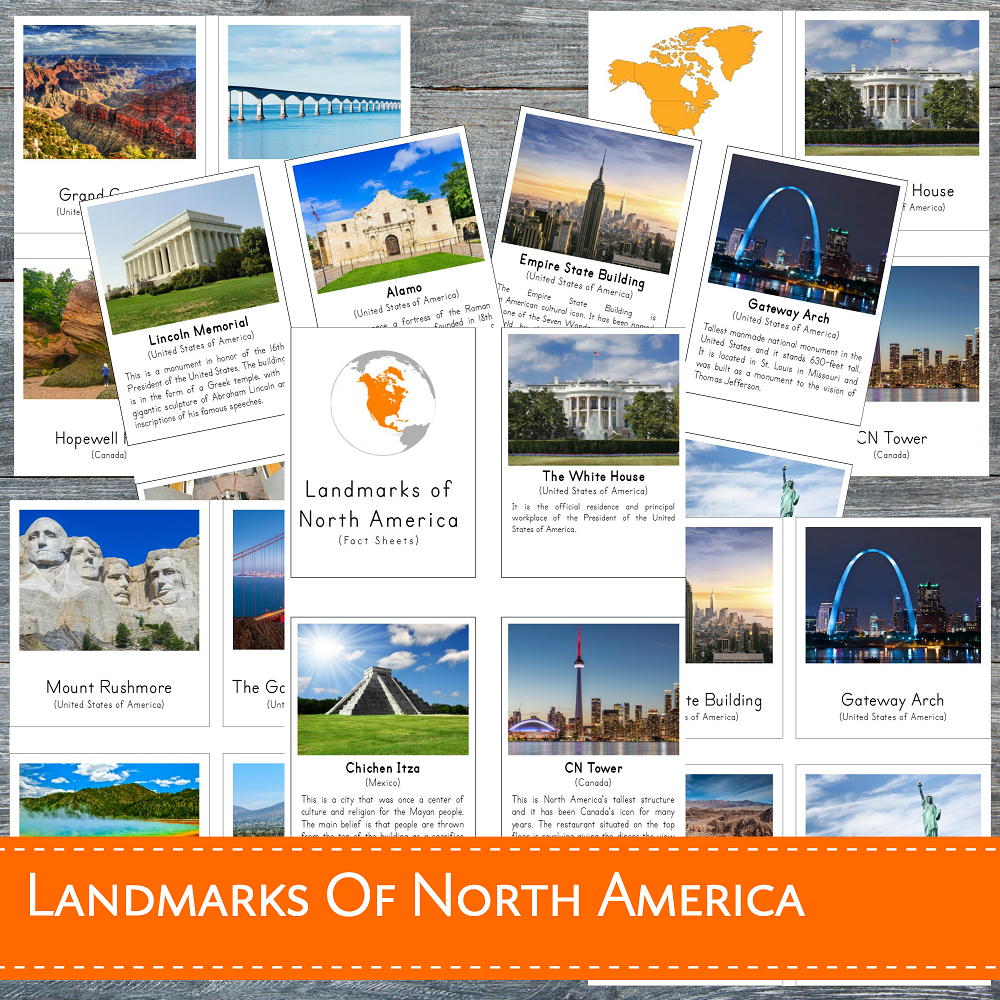 Landmarks of North America Montessori 3 Part Cards and Fact Cards