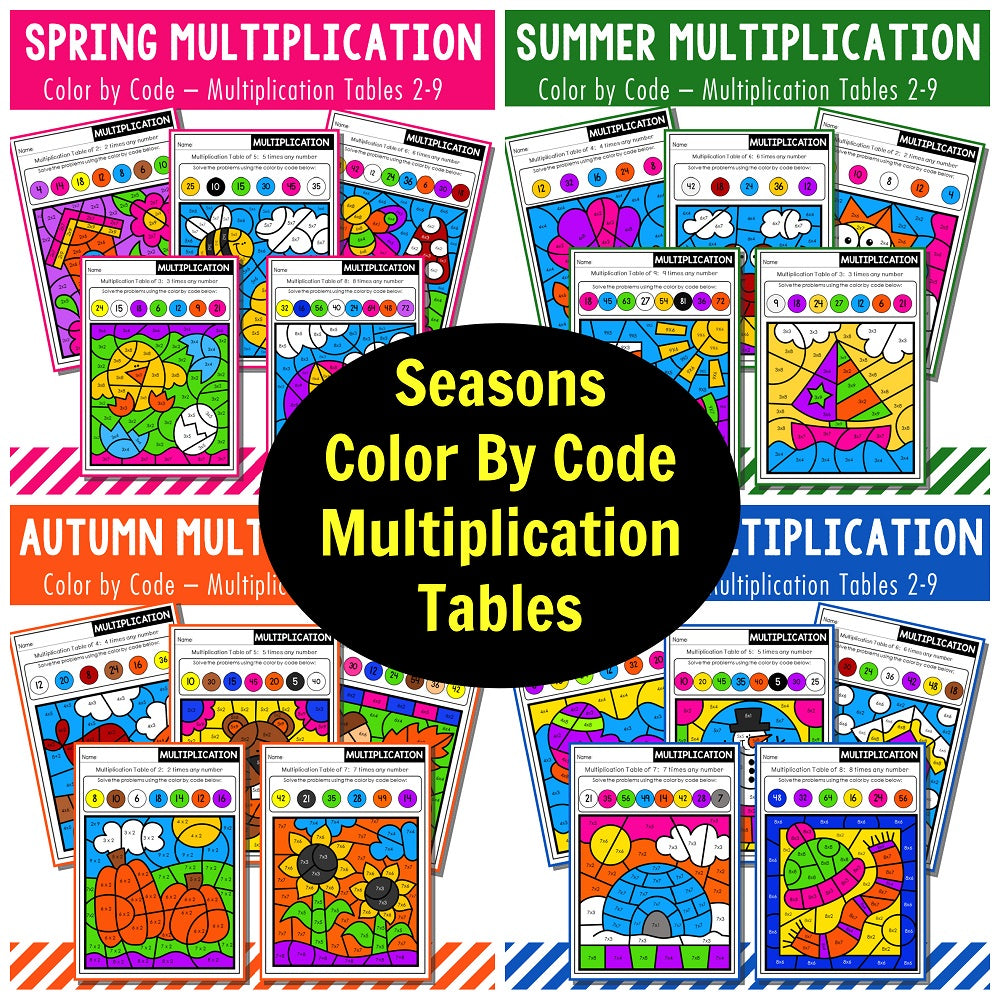Color By Code Multiplication Tables 2 to 9 - Seasons Bundle