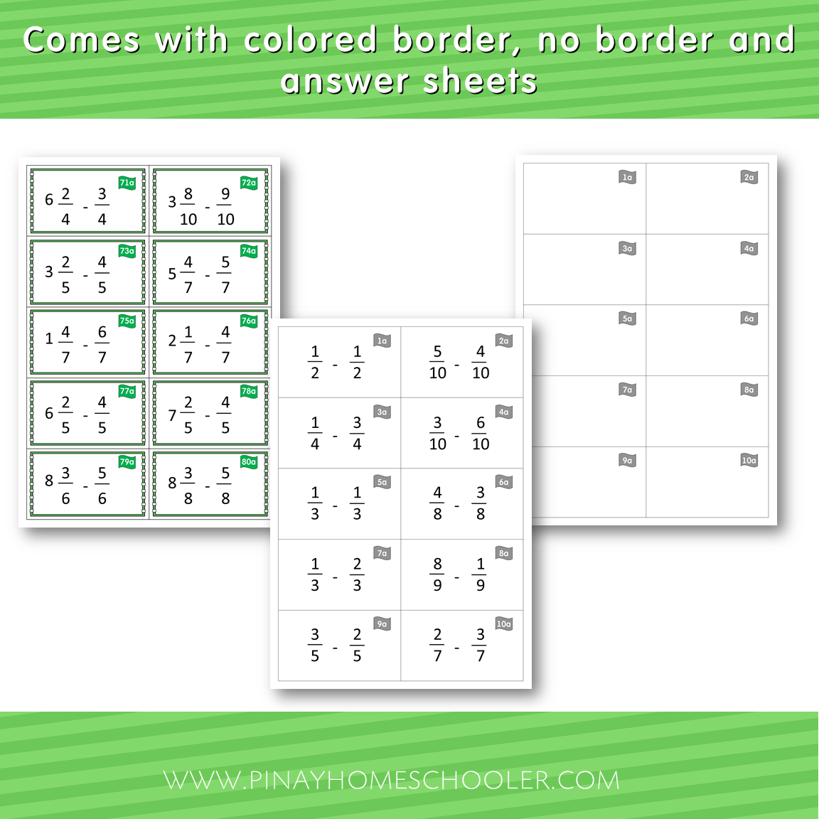 Montessori Subtracting Fractions with Same Denominator Cards