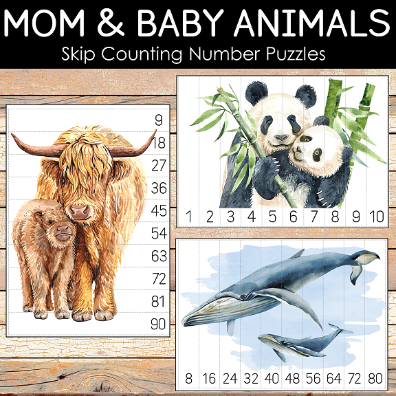 Mom and Baby Animals Number Sequencing and Skip Counting Puzzles