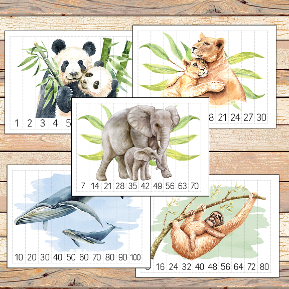 Mom and Baby Animals Number Sequencing and Skip Counting Puzzles