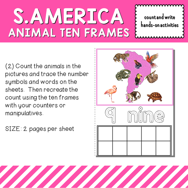 South America Animals Ten Frames Count and Write Activities
