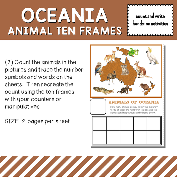 Oceania Animals Ten Frames Count and Write Activities