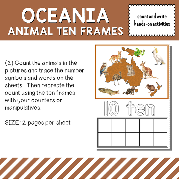 Oceania Animals Ten Frames Count and Write Activities