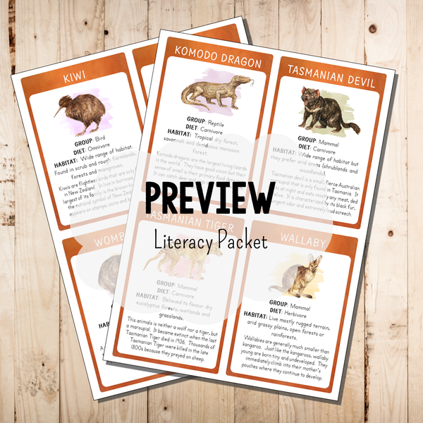 Oceania Australia Animals Literacy Packet