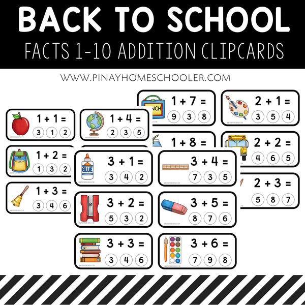 Back to School Addition Facts 1-10 Clipcards