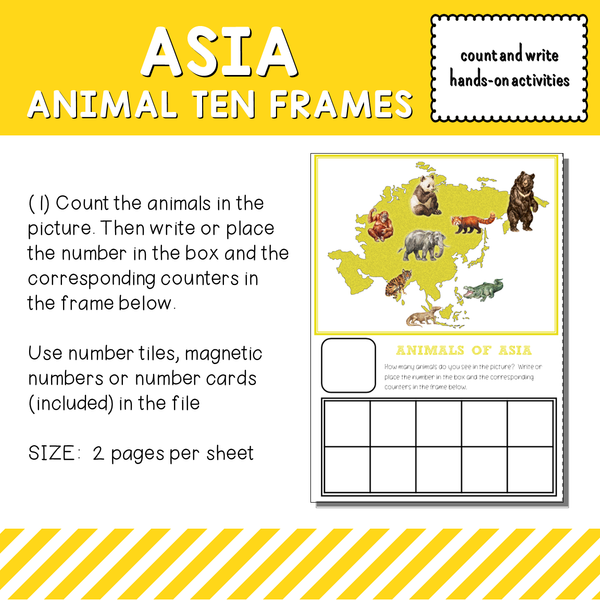 Asia Animals Ten Frames Count and Write Activities