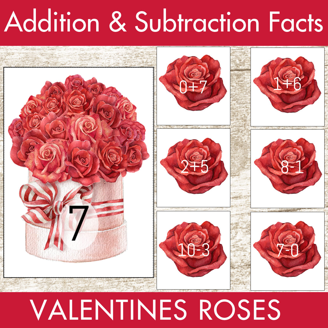 Valentine's Day Roses Addition and Subtraction Facts Fluency 1-12 Center