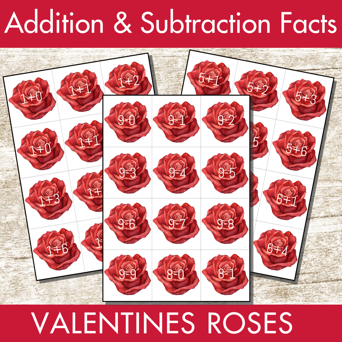 Valentine's Day Roses Addition and Subtraction Facts Fluency 1-12 Center