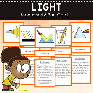 Properties of Light Montessori Cards - Reflection, Refraction, Dispersion, Optics