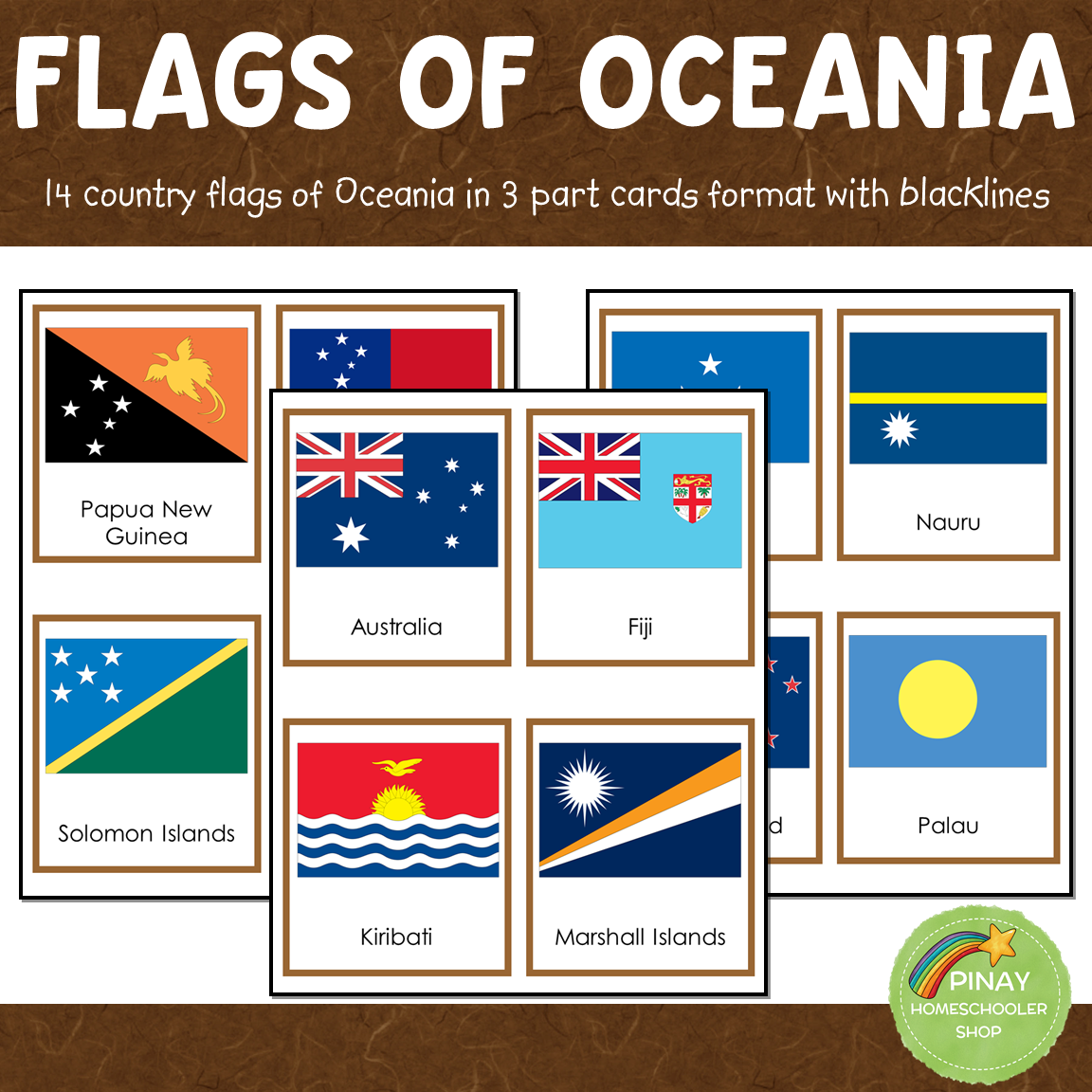 Oceania Australia Flags Montessori 3 Part Cards